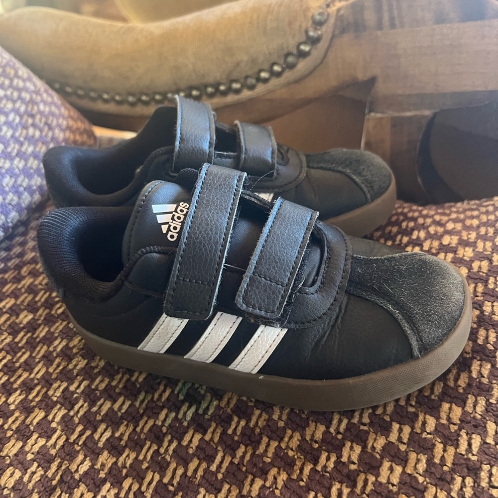 Adidas Kids Black Sneakers with White Stripes
